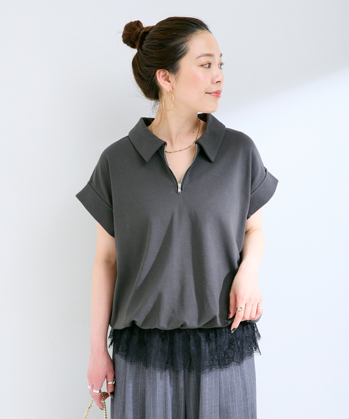 B.C STOCK(ベーセーストック)の「手洗い可 / レース付きハーフジッププルオーバー(Tシャツ/カットソー・レディース・イエロー/ホワイト/チャコールグレー・FREE)」の22枚目の写真