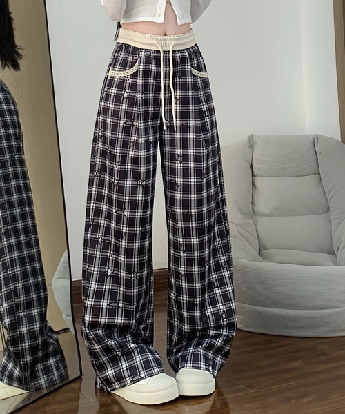 2ly2(トゥーリートゥー)の「チェック柄ワイドパンツ レディース ドロスト ウエストゴム ルーズシルエット(その他パンツ・レディース・ブラック/グリーン・FREE)」の3枚目の写真