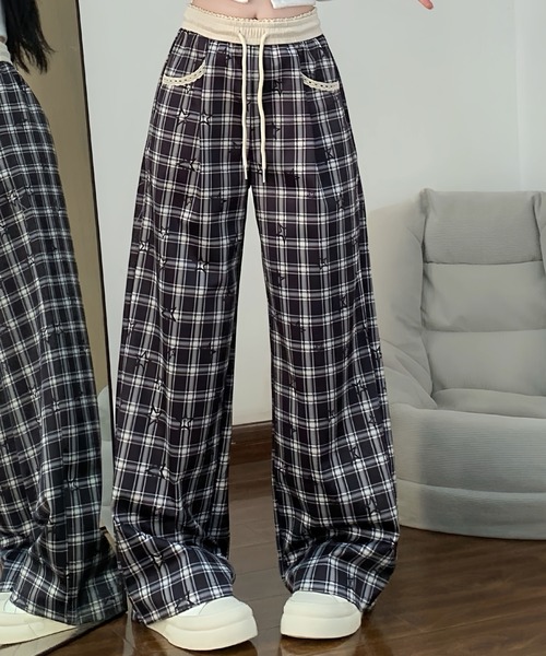 2ly2(トゥーリートゥー)の「チェック柄ワイドパンツ レディース ドロスト ウエストゴム ルーズシルエット(その他パンツ・レディース・ブラック/グリーン・FREE)」の4枚目の写真