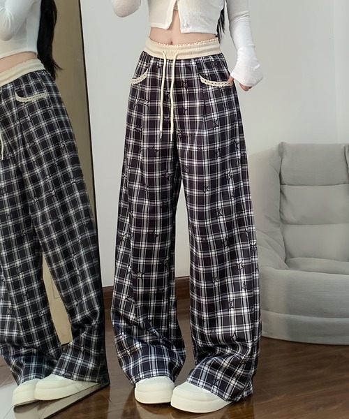 2ly2(トゥーリートゥー)の「チェック柄ワイドパンツ レディース ドロスト ウエストゴム ルーズシルエット(その他パンツ・レディース・ブラック/グリーン・FREE)」の6枚目の写真