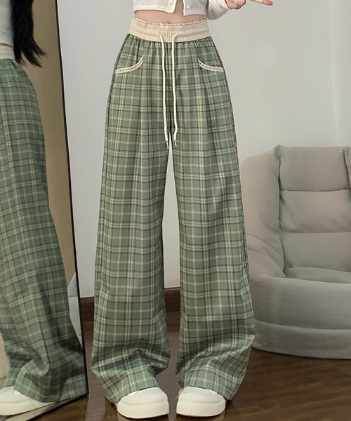 2ly2(トゥーリートゥー)の「チェック柄ワイドパンツ レディース ドロスト ウエストゴム ルーズシルエット(その他パンツ・レディース・ブラック/グリーン・FREE)」の16枚目の写真