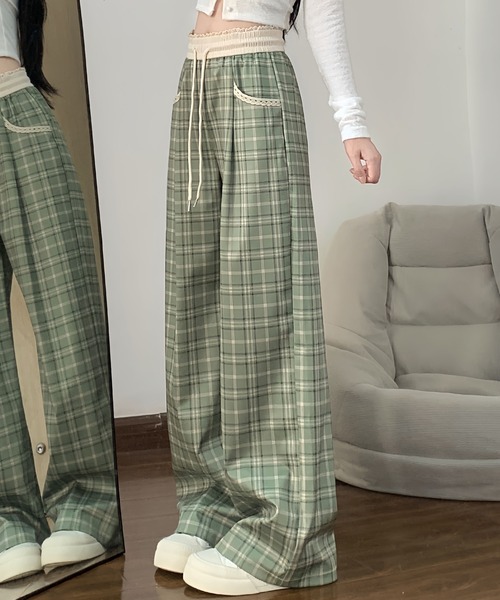 2ly2(トゥーリートゥー)の「チェック柄ワイドパンツ レディース ドロスト ウエストゴム ルーズシルエット(その他パンツ・レディース・ブラック/グリーン・FREE)」の17枚目の写真