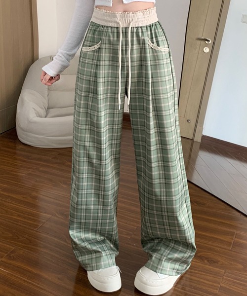 2ly2(トゥーリートゥー)の「チェック柄ワイドパンツ レディース ドロスト ウエストゴム ルーズシルエット(その他パンツ・レディース・ブラック/グリーン・FREE)」の18枚目の写真