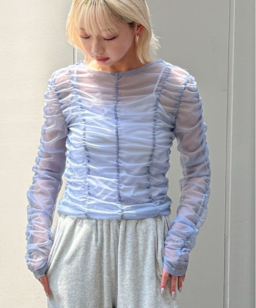 PILIT（ピリット）の「シャーリングシアーTOPS（Tシャツ/カットソー・レディース・アイボリー/ブルー/グレー・MEDIUM）」の3枚目の写真