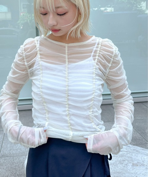 PILIT（ピリット）の「シャーリングシアーTOPS（Tシャツ/カットソー・レディース・アイボリー/ブルー/グレー・MEDIUM）」の2枚目の写真