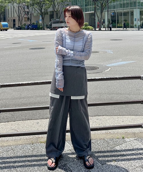 PILIT（ピリット）の「シャーリングシアーTOPS（Tシャツ/カットソー・レディース・アイボリー/ブルー/グレー・MEDIUM）」の6枚目の写真
