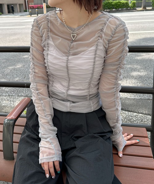 PILIT（ピリット）の「シャーリングシアーTOPS（Tシャツ/カットソー・レディース・アイボリー/ブルー/グレー・MEDIUM）」の13枚目の写真