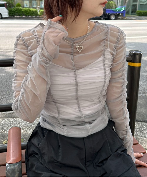 PILIT（ピリット）の「シャーリングシアーTOPS（Tシャツ/カットソー・レディース・アイボリー/ブルー/グレー・MEDIUM）」の14枚目の写真