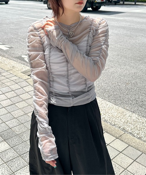PILIT（ピリット）の「シャーリングシアーTOPS（Tシャツ/カットソー・レディース・アイボリー/ブルー/グレー・MEDIUM）」の18枚目の写真