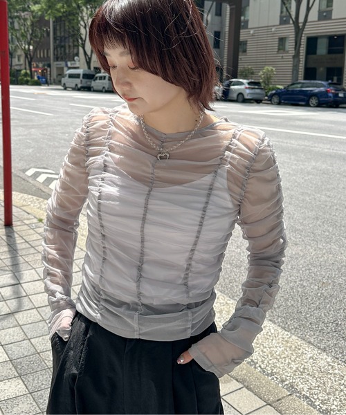 PILIT（ピリット）の「シャーリングシアーTOPS（Tシャツ/カットソー・レディース・アイボリー/ブルー/グレー・MEDIUM）」の21枚目の写真