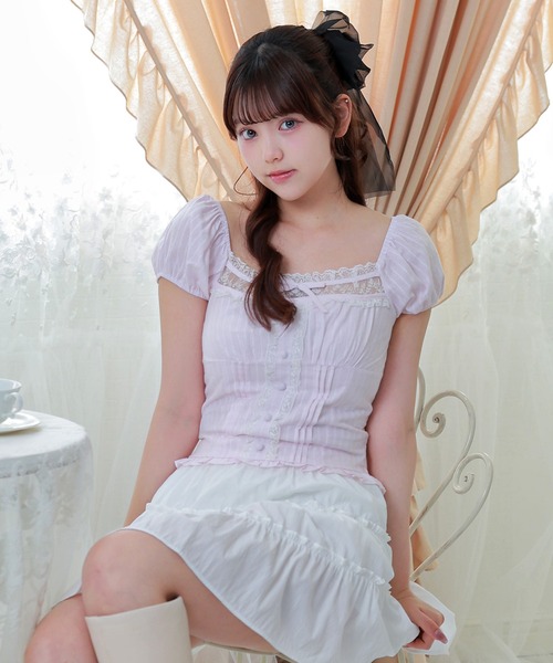 Anely(アネリー)の「Anely コットン ストライプ柄 フロント リボン ブラウス(シャツ/ブラウス・レディース・ブルー/ピンク/ホワイト・FREE)」の1枚目の写真