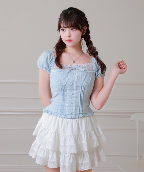 Anely(アネリー)の「Anely コットン ストライプ柄 フロント リボン ブラウス(シャツ/ブラウス・レディース・ブルー/ピンク/ホワイト・FREE)」の3枚目の写真