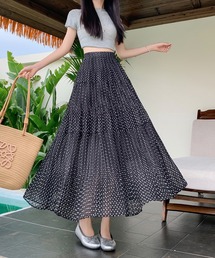 ドットシフォンティアードスカート ハイウエスト ロング丈
