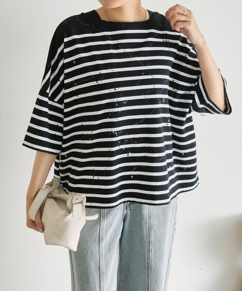 ear PAPILLONNER（イアパピヨネ）の「ペイントボーダーTシャツ【SUM1 STYLE×MONT KEMMEL】（Tシャツ/カットソー・レディース・ホワイト/ブラック/オレンジ・FREE）」の2枚目の写真