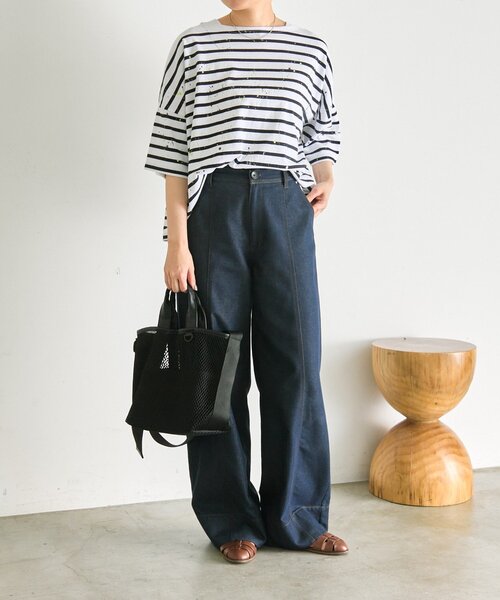 ear PAPILLONNER（イアパピヨネ）の「ペイントボーダーTシャツ【SUM1 STYLE×MONT KEMMEL】（Tシャツ/カットソー・レディース・ホワイト/ブラック/オレンジ・FREE）」の18枚目の写真