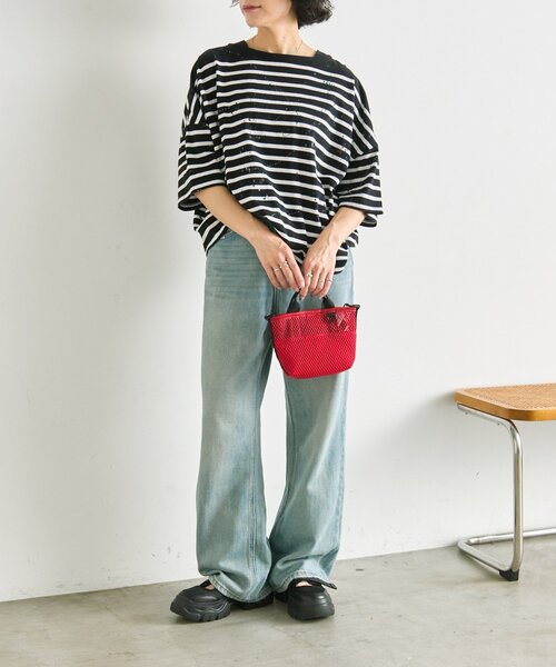 ear PAPILLONNER（イアパピヨネ）の「ペイントボーダーTシャツ【SUM1 STYLE×MONT KEMMEL】（Tシャツ/カットソー・レディース・ホワイト/ブラック/オレンジ・FREE）」の6枚目の写真