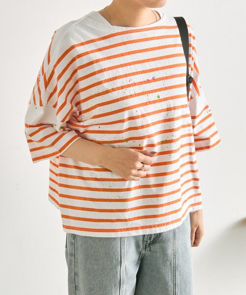 ear PAPILLONNER（イアパピヨネ）の「ペイントボーダーTシャツ【SUM1 STYLE×MONT KEMMEL】（Tシャツ/カットソー・レディース・ホワイト/ブラック/オレンジ・FREE）」の9枚目の写真