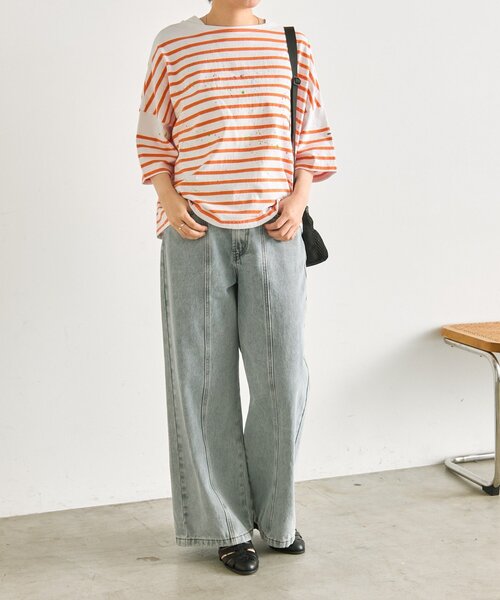 ear PAPILLONNER（イアパピヨネ）の「ペイントボーダーTシャツ【SUM1 STYLE×MONT KEMMEL】（Tシャツ/カットソー・レディース・ホワイト/ブラック/オレンジ・FREE）」の13枚目の写真