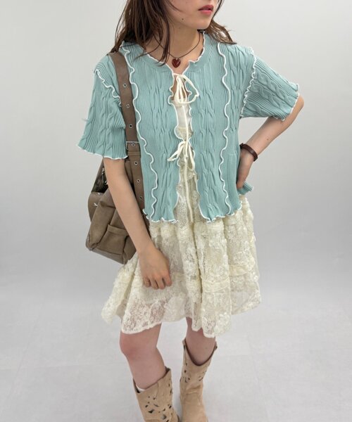 w closet(ダブルクローゼット)の「半袖配色ボレロカーデ 夏服(カーディガン/ボレロ・レディース・ネイビー/ピンク/オフホワイト/ブルー・FREE)」の3枚目の写真