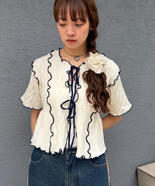 w closet(ダブルクローゼット)の「半袖配色ボレロカーデ 夏服(カーディガン/ボレロ・レディース・ネイビー/ピンク/オフホワイト/ブルー・FREE)」の5枚目の写真