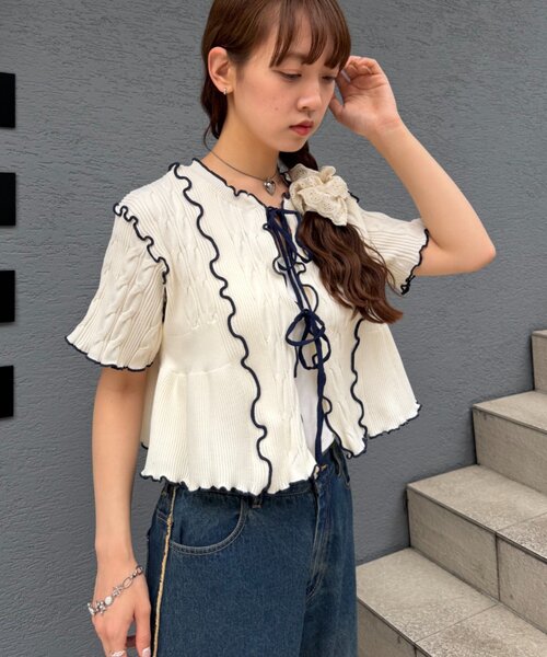 w closet(ダブルクローゼット)の「半袖配色ボレロカーデ 夏服(カーディガン/ボレロ・レディース・ネイビー/ピンク/オフホワイト/ブルー・FREE)」の6枚目の写真