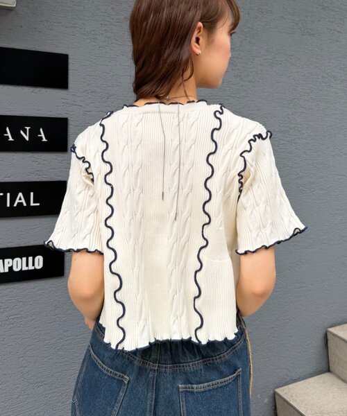 w closet(ダブルクローゼット)の「半袖配色ボレロカーデ 夏服(カーディガン/ボレロ・レディース・ネイビー/ピンク/オフホワイト/ブルー・FREE)」の7枚目の写真