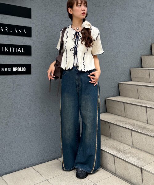 w closet(ダブルクローゼット)の「半袖配色ボレロカーデ 夏服(カーディガン/ボレロ・レディース・ネイビー/ピンク/オフホワイト/ブルー・FREE)」の8枚目の写真