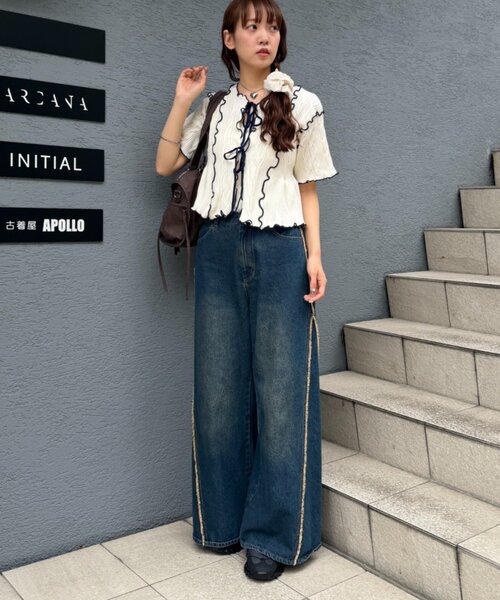 w closet(ダブルクローゼット)の「半袖配色ボレロカーデ 夏服(カーディガン/ボレロ・レディース・ネイビー/ピンク/オフホワイト/ブルー・FREE)」の9枚目の写真