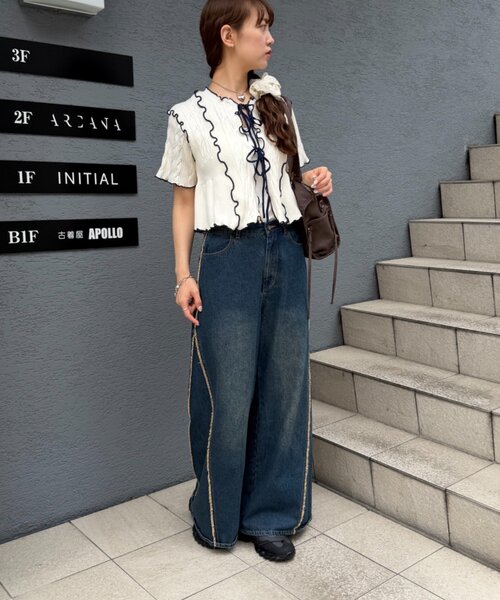 w closet(ダブルクローゼット)の「半袖配色ボレロカーデ 夏服(カーディガン/ボレロ・レディース・ネイビー/ピンク/オフホワイト/ブルー・FREE)」の10枚目の写真