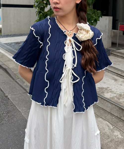 w closet(ダブルクローゼット)の「半袖配色ボレロカーデ 夏服(カーディガン/ボレロ・レディース・ネイビー/ピンク/オフホワイト/ブルー・FREE)」の19枚目の写真