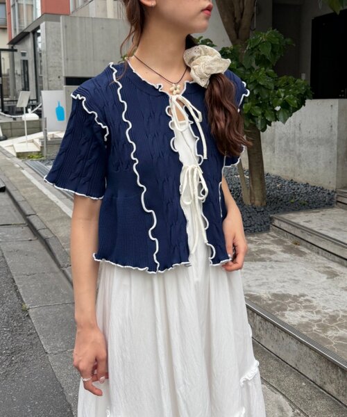 w closet(ダブルクローゼット)の「半袖配色ボレロカーデ 夏服(カーディガン/ボレロ・レディース・ネイビー/ピンク/オフホワイト/ブルー・FREE)」の20枚目の写真