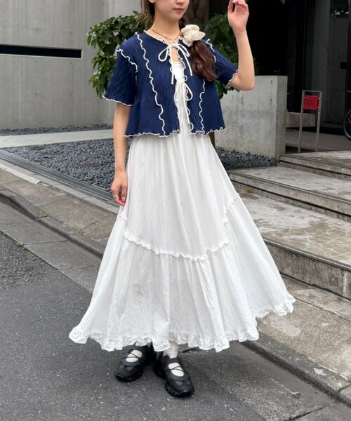 w closet(ダブルクローゼット)の「半袖配色ボレロカーデ 夏服(カーディガン/ボレロ・レディース・ネイビー/ピンク/オフホワイト/ブルー・FREE)」の22枚目の写真