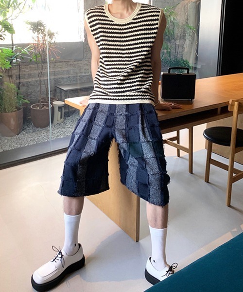 NOWLE(ノウル)の「【NOWLE】クロシェライク ボーダーサマーニット ベスト / レトロクラシック ノースリーブ トップス(ニット/セーター・メンズ・オフホワイト・MEDIUM/LARGE/X-LARGE)」の11枚目の写真