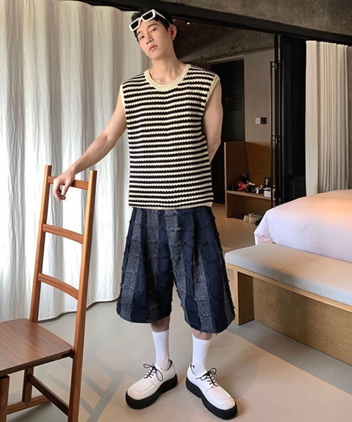 NOWLE(ノウル)の「【NOWLE】クロシェライク ボーダーサマーニット ベスト / レトロクラシック ノースリーブ トップス(ニット/セーター・メンズ・オフホワイト・MEDIUM/LARGE/X-LARGE)」の14枚目の写真