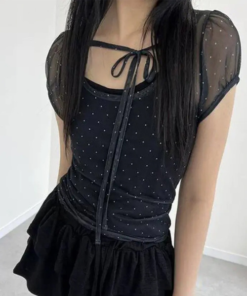 VIVID LADY(ビビッドレディー)の「ドット シアー 半袖トップス(シャツ/ブラウス・レディース・ベージュ/ブラック/ライトブルー・FREE)」の2枚目の写真