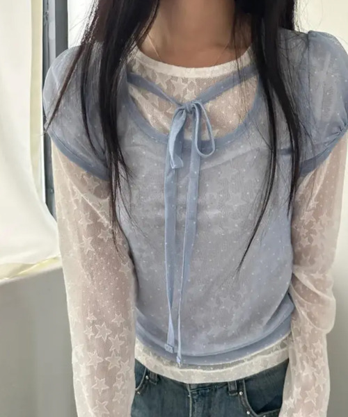 VIVID LADY(ビビッドレディー)の「ドット シアー 半袖トップス(シャツ/ブラウス・レディース・ベージュ/ブラック/ライトブルー・FREE)」の9枚目の写真
