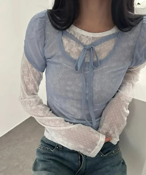 VIVID LADY(ビビッドレディー)の「ドット シアー 半袖トップス(シャツ/ブラウス・レディース・ベージュ/ブラック/ライトブルー・FREE)」の12枚目の写真