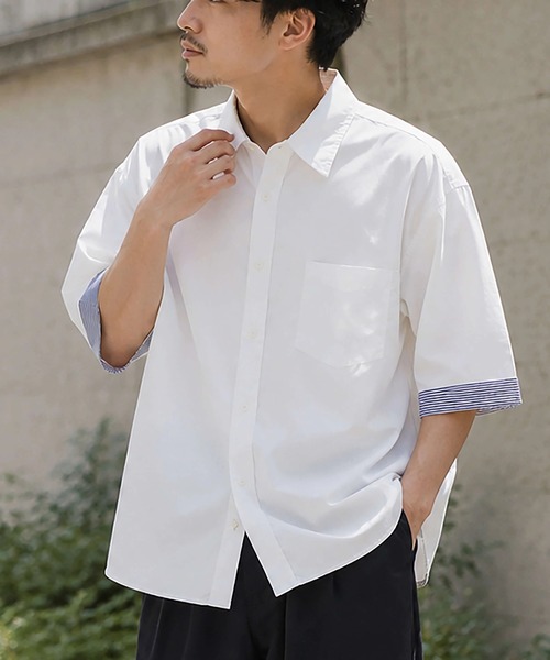 CORISCO(コリスコ)の「ブロード7分袖シャツ(M1)(シャツ/ブラウス・メンズ・ストライプ/ブルー/ブラック/ホワイト・X-LARGE/LARGE/MEDIUM)」の1枚目の写真