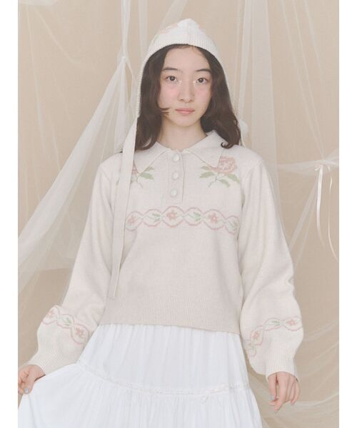 merry jenny(メリージェニー)の「rose jacquardポロニット(ニット/セーター・レディース・アイボリー/ブラウン・FREE)」の3枚目の写真