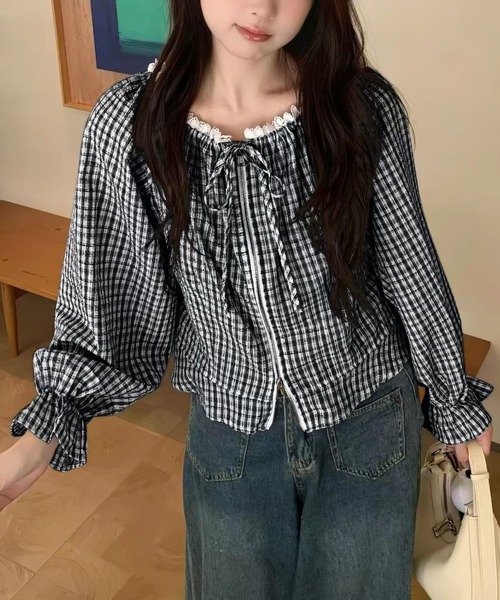 FAVORITO(ファヴォリート)の「チェック柄長袖トップス(シャツ/ブラウス・レディース・ライトブルー/ダークブルー/ブラック・F)」の2枚目の写真