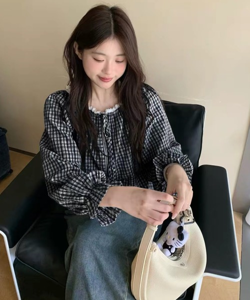 FAVORITO(ファヴォリート)の「チェック柄長袖トップス(シャツ/ブラウス・レディース・ライトブルー/ダークブルー/ブラック・F)」の4枚目の写真