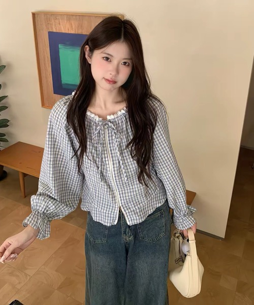 FAVORITO(ファヴォリート)の「チェック柄長袖トップス(シャツ/ブラウス・レディース・ライトブルー/ダークブルー/ブラック・F)」の9枚目の写真
