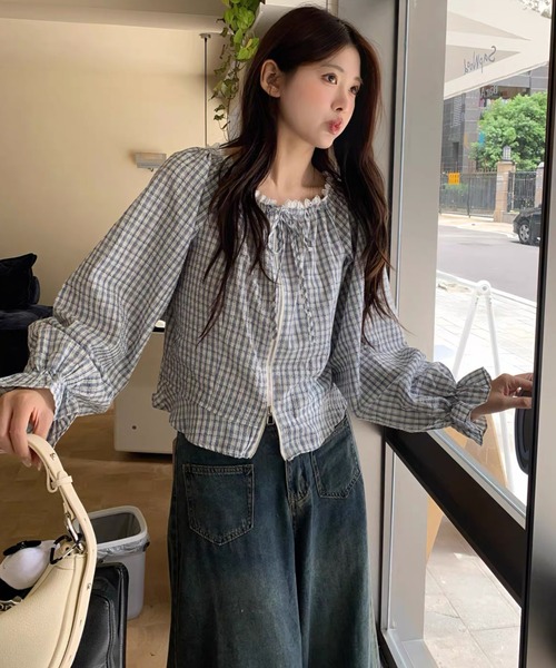 FAVORITO(ファヴォリート)の「チェック柄長袖トップス(シャツ/ブラウス・レディース・ライトブルー/ダークブルー/ブラック・F)」の11枚目の写真