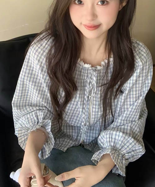 FAVORITO(ファヴォリート)の「チェック柄長袖トップス(シャツ/ブラウス・レディース・ライトブルー/ダークブルー/ブラック・F)」の6枚目の写真