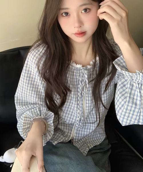 FAVORITO(ファヴォリート)の「チェック柄長袖トップス(シャツ/ブラウス・レディース・ライトブルー/ダークブルー/ブラック・F)」の7枚目の写真
