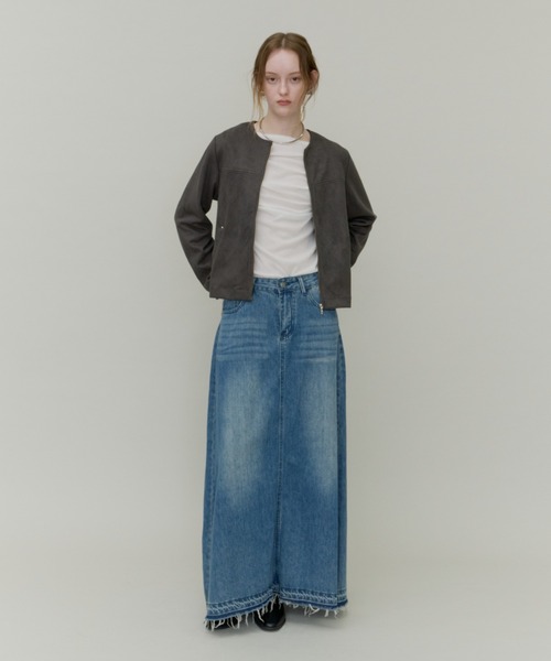Plumel(プルメル)の「suede Like No-collar Blouson / カシメ付きスエードポンチローカラーブルゾン(ブルゾン・レディース・グレー/チャコールグレー・MEDIUM)」の18枚目の写真