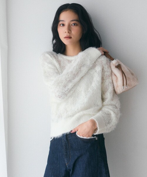 Firsthand(ファーストハンド)の「Firsthand/ファーストハンド 限定展開 フェザーヤーン 透かし編み ニットプルオーパー(ニット/セーター・レディース・ピンク/オフホワイト/ブラック・FREE)」の6枚目の写真