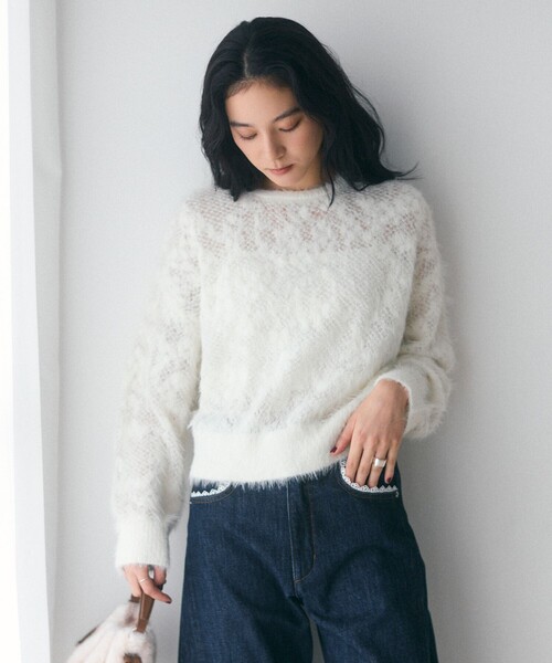 Firsthand(ファーストハンド)の「Firsthand/ファーストハンド 限定展開 フェザーヤーン 透かし編み ニットプルオーパー(ニット/セーター・レディース・ピンク/オフホワイト/ブラック・FREE)」の7枚目の写真