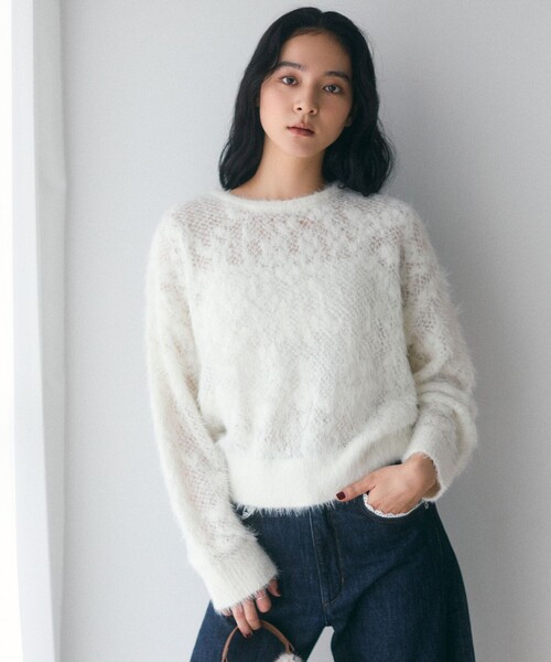 Firsthand(ファーストハンド)の「Firsthand/ファーストハンド 限定展開 フェザーヤーン 透かし編み ニットプルオーパー(ニット/セーター・レディース・ピンク/オフホワイト/ブラック・FREE)」の8枚目の写真