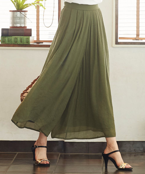 KOBE LETTUCE（コウベレタス）の「リネンタッチ楊柳スカンツ＊ワイドパンツ/ボトムス/レディース/マキシ丈[M2213]神戸レタス（その他パンツ・レディース・グレイッシュベージュ/グリーン系その他/ピンク/イエロー/テラコッタ/カーキ/ネイビー/ブラック・FREE）」の5枚目の写真